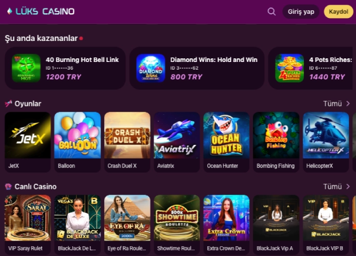 Lüks Gazino casino lobisi ve kazananlar ekranı